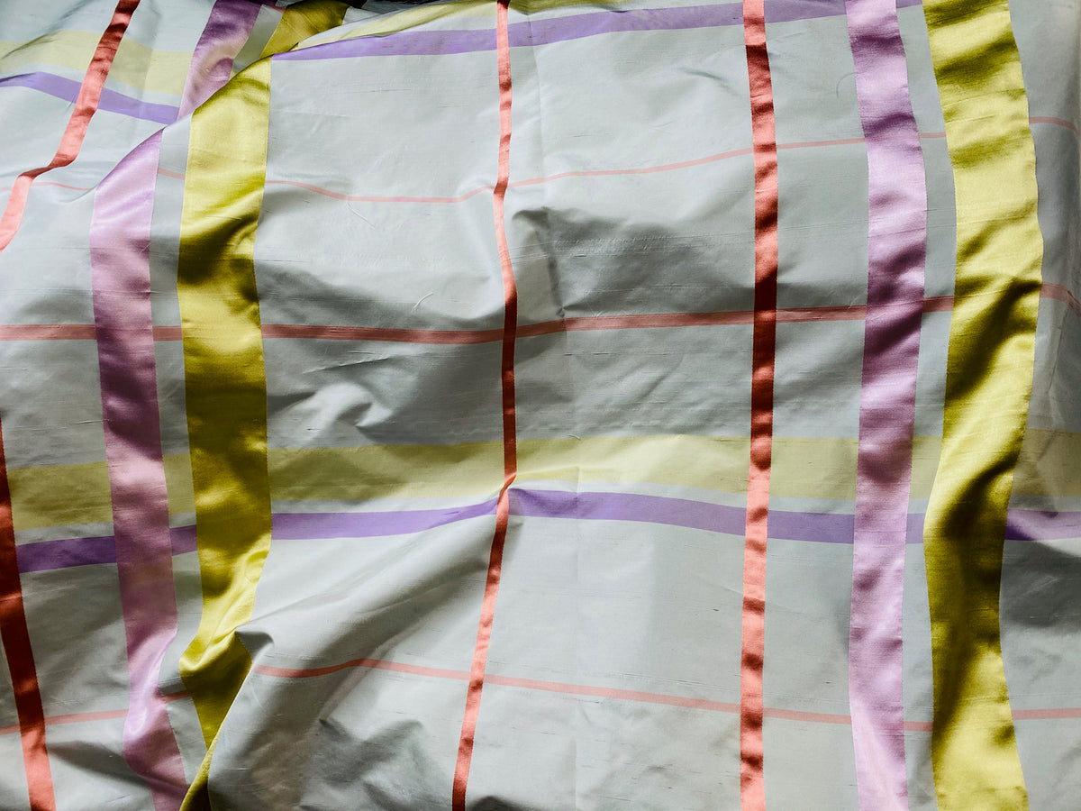 NEW Duchess Philippa 100% Silk Taffeta Plaid Tartan with Satin Ribbon Stripes in Light Blue, Lavender, Salmon, and Pink - Fancy Styles Fabric Pierre Frey Lee Jofa Brunschwig & Fils