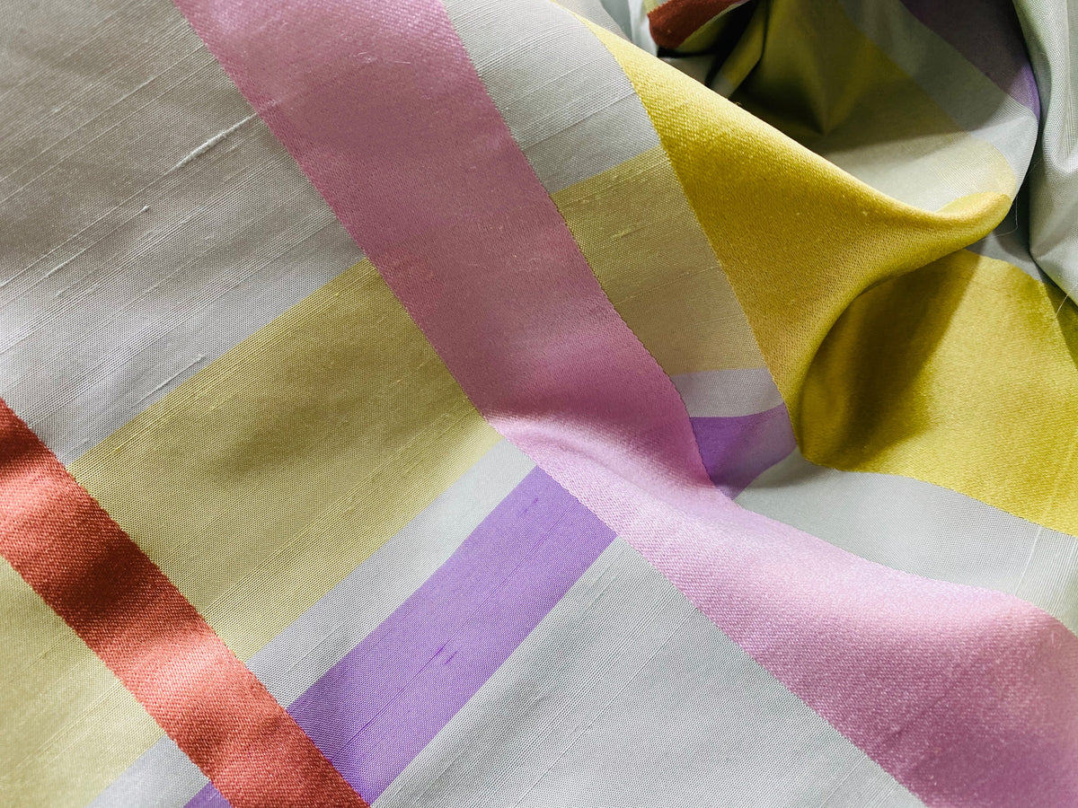 NEW Duchess Philippa 100% Silk Taffeta Plaid Tartan with Satin Ribbon Stripes in Light Blue, Lavender, Salmon, and Pink - Fancy Styles Fabric Pierre Frey Lee Jofa Brunschwig & Fils