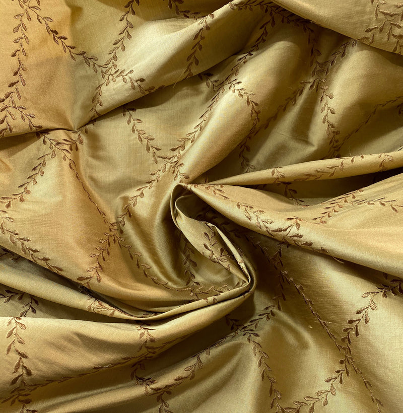 NEW Queen Mary 100% Silk Dupioni Fabric with Diamond Leaf Motif in Gold - Fancy Styles Fabric Pierre Frey Lee Jofa Brunschwig & Fils