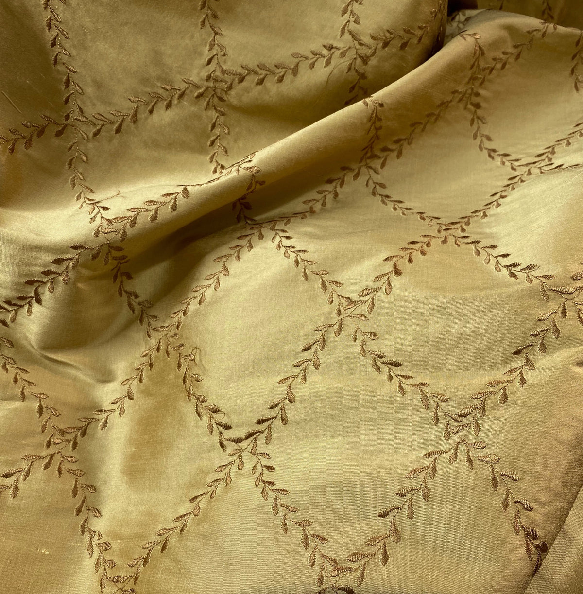 NEW Queen Mary 100% Silk Dupioni Fabric with Diamond Leaf Motif in Gold - Fancy Styles Fabric Pierre Frey Lee Jofa Brunschwig & Fils