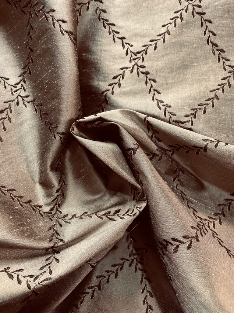 NEW Queen Mary 100% Silk Dupioni Fabric with Diamond Leaf Motif in Pewter - Fancy Styles Fabric Pierre Frey Lee Jofa Brunschwig & Fils