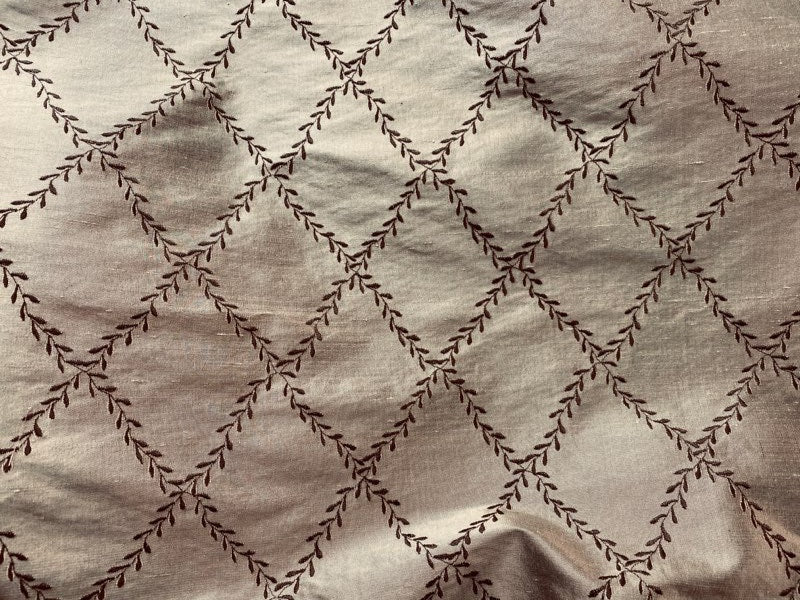 NEW Queen Mary 100% Silk Dupioni Fabric with Diamond Leaf Motif in Pewter - Fancy Styles Fabric Pierre Frey Lee Jofa Brunschwig & Fils