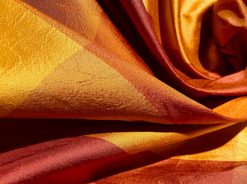NEW Lady Harper 100% Silk Habotai Checkered Plaid Fabric in Red, Orange, and Yellow - Fancy Styles Fabric Pierre Frey Lee Jofa Brunschwig & Fils