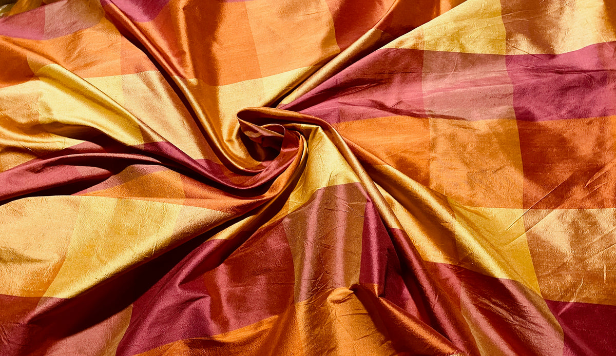 NEW Lady Harper 100% Silk Habotai Checkered Plaid Fabric in Red, Orange, and Yellow - Fancy Styles Fabric Pierre Frey Lee Jofa Brunschwig & Fils
