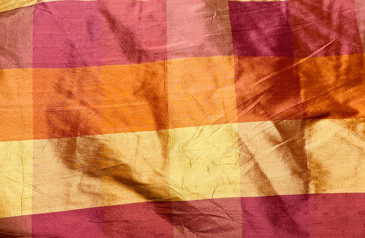 NEW Lady Harper 100% Silk Habotai Checkered Plaid Fabric in Red, Orange, and Yellow - Fancy Styles Fabric Pierre Frey Lee Jofa Brunschwig & Fils