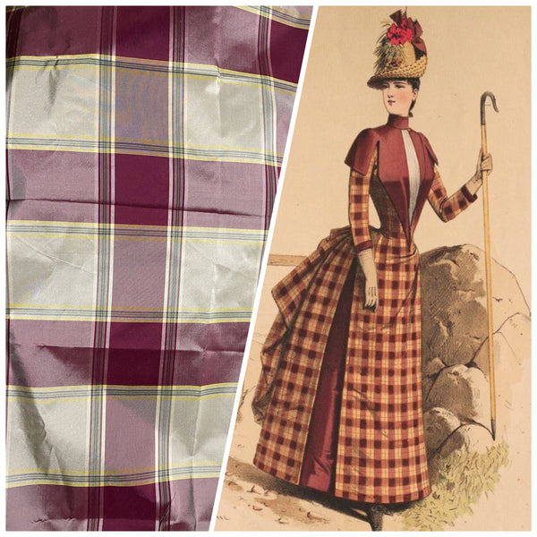 NEW Miss Dorothy 100% Silk Taffeta Plaid Tartan Fabric in White Cream and Burgundy Red - Fancy Styles Fabric Pierre Frey Lee Jofa Brunschwig & Fils
