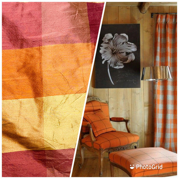 NEW Lady Harper 100% Silk Habotai Checkered Plaid Fabric in Red, Orange, and Yellow - Fancy Styles Fabric Pierre Frey Lee Jofa Brunschwig & Fils