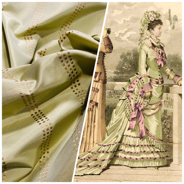 NEW! Lady Amalie 100% Silk Taffeta Fabric - Light Dusty Pistachio Green with Gold Dot Stripes - Fancy Styles Fabric Pierre Frey Lee Jofa Brunschwig & Fils