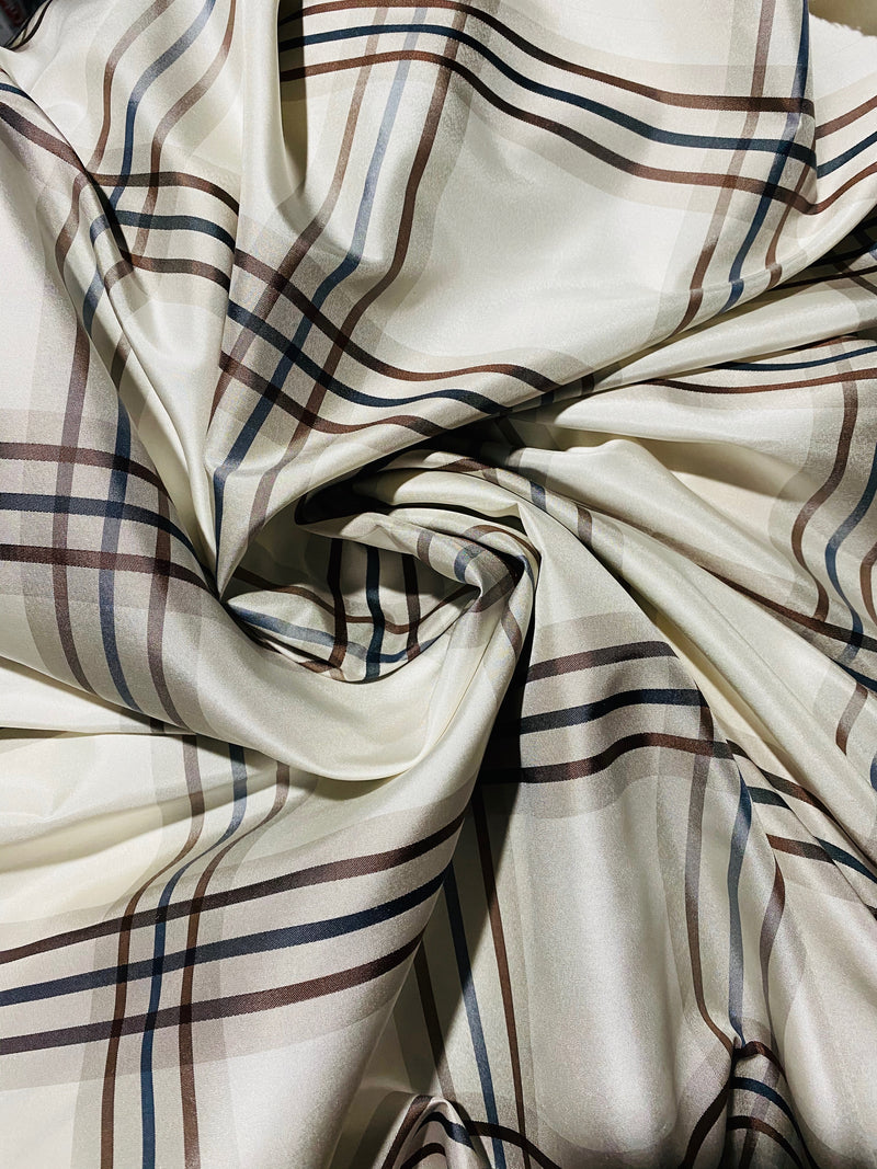NEW Lady Lucy 100% Silk Taffeta Fabric Ivory Brown Tartan Plaid - Fancy Styles Fabric Pierre Frey Lee Jofa Brunschwig & Fils