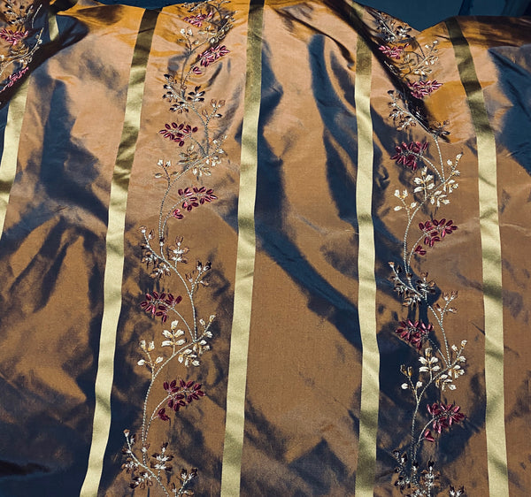 NEW Lady Lana 100% Silk Taffeta Fabric Copper with Navy Iridescence Gold Satin Ribbon Stripes and Velvet Floral Vine Embroidery - Fancy Styles Fabric Pierre Frey Lee Jofa Brunschwig & Fils