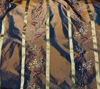 NEW Lady Lana 100% Silk Taffeta Fabric Copper with Navy Iridescence Gold Satin Ribbon Stripes and Velvet Floral Vine Embroidery - Fancy Styles Fabric Pierre Frey Lee Jofa Brunschwig & Fils