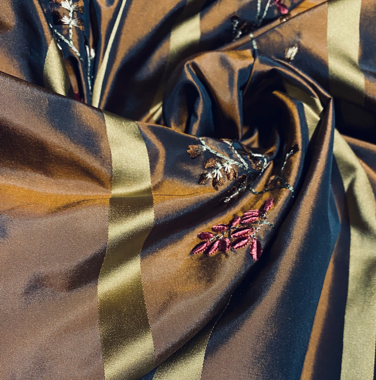 NEW Lady Lana 100% Silk Taffeta Fabric Copper with Navy Iridescence Gold Satin Ribbon Stripes and Velvet Floral Vine Embroidery - Fancy Styles Fabric Pierre Frey Lee Jofa Brunschwig & Fils