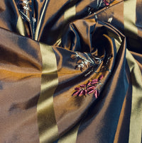 NEW Lady Lana 100% Silk Taffeta Fabric Copper with Navy Iridescence Gold Satin Ribbon Stripes and Velvet Floral Vine Embroidery - Fancy Styles Fabric Pierre Frey Lee Jofa Brunschwig & Fils