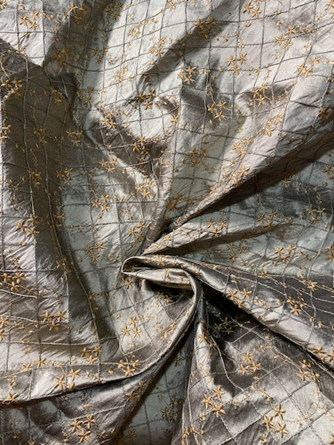 NEW Queen Elisabeth 100% Silk Dupioni Pewter Pintuck Fabric with Gold Floral Embroidery - Fancy Styles Fabric Pierre Frey Lee Jofa Brunschwig & Fils