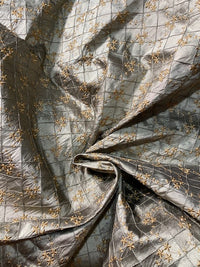 NEW Queen Elisabeth 100% Silk Dupioni Pewter Pintuck Fabric with Gold Floral Embroidery - Fancy Styles Fabric Pierre Frey Lee Jofa Brunschwig & Fils