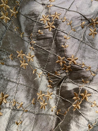 NEW Queen Elisabeth 100% Silk Dupioni Pewter Pintuck Fabric with Gold Floral Embroidery - Fancy Styles Fabric Pierre Frey Lee Jofa Brunschwig & Fils