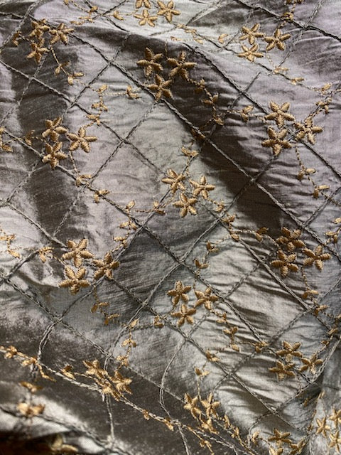 NEW Queen Elisabeth 100% Silk Dupioni Pewter Pintuck Fabric with Gold Floral Embroidery - Fancy Styles Fabric Pierre Frey Lee Jofa Brunschwig & Fils