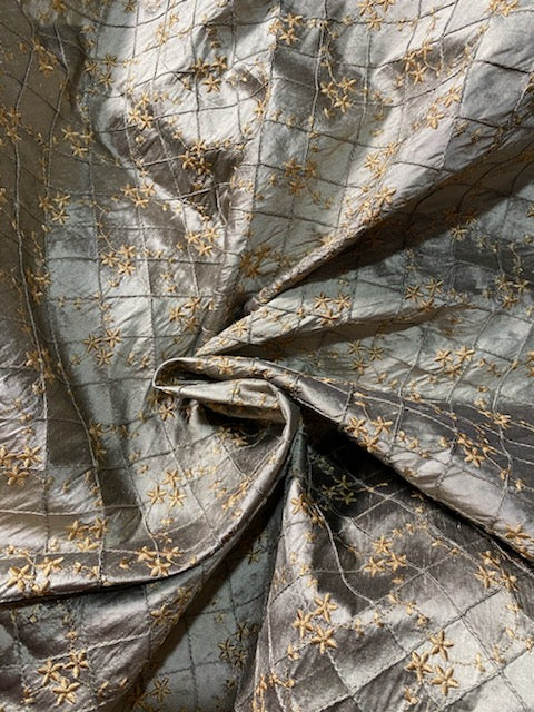 NEW Queen Elisabeth 100% Silk Dupioni Pewter Pintuck Fabric with Gold Floral Embroidery - Fancy Styles Fabric Pierre Frey Lee Jofa Brunschwig & Fils