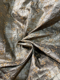 NEW Queen Elisabeth 100% Silk Dupioni Pewter Pintuck Fabric with Gold Floral Embroidery - Fancy Styles Fabric Pierre Frey Lee Jofa Brunschwig & Fils