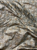 NEW Queen Elisabeth 100% Silk Dupioni Pewter Pintuck Fabric with Gold Floral Embroidery - Fancy Styles Fabric Pierre Frey Lee Jofa Brunschwig & Fils