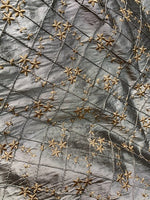 NEW Queen Elisabeth 100% Silk Dupioni Pewter Pintuck Fabric with Gold Floral Embroidery - Fancy Styles Fabric Pierre Frey Lee Jofa Brunschwig & Fils