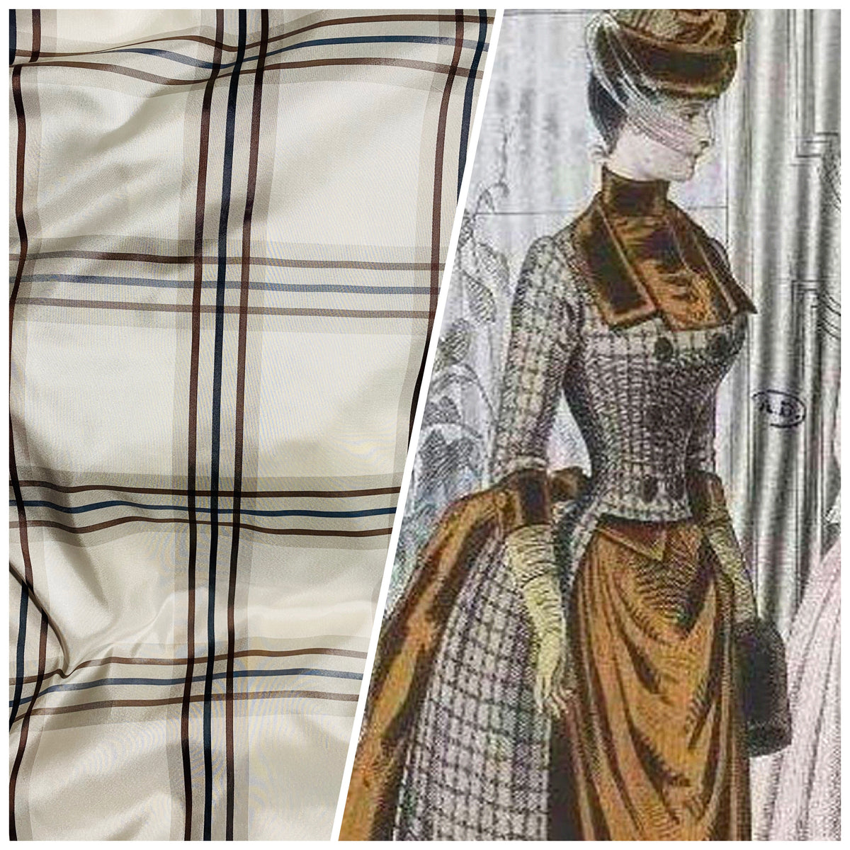 NEW Lady Lucy 100% Silk Taffeta Fabric Ivory Brown Tartan Plaid - Fancy Styles Fabric Pierre Frey Lee Jofa Brunschwig & Fils