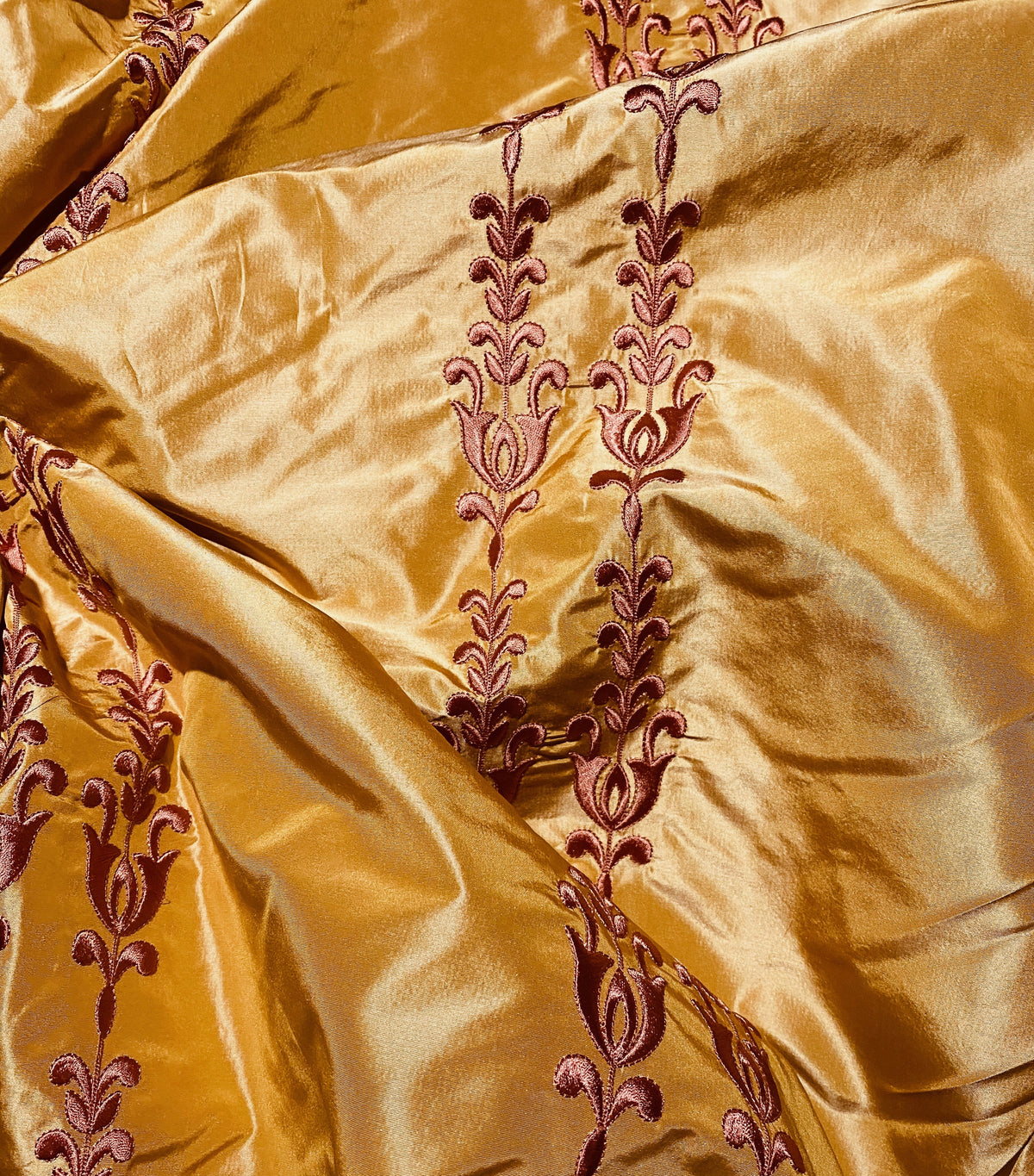 NEW Queen Marguerite 100% Silk Taffeta Fabric with Pumpkin Yellow with Dark Red Tulip Embroidery Stripes - Fancy Styles Fabric Pierre Frey Lee Jofa Brunschwig & Fils