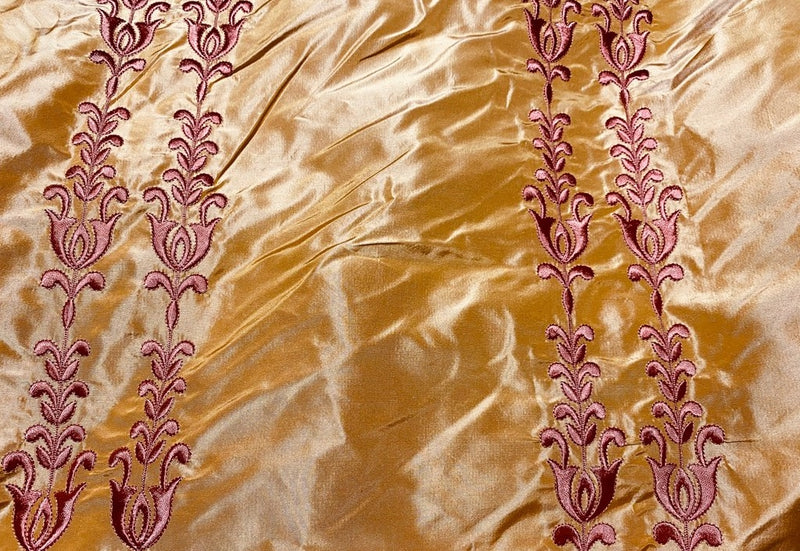 NEW Queen Marguerite 100% Silk Taffeta Fabric with Pumpkin Yellow with Dark Red Tulip Embroidery Stripes - Fancy Styles Fabric Pierre Frey Lee Jofa Brunschwig & Fils