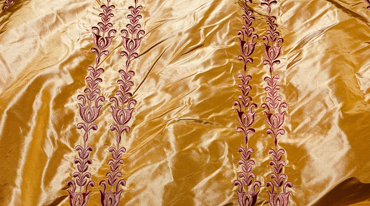 NEW Queen Marguerite 100% Silk Taffeta Fabric with Pumpkin Yellow with Dark Red Tulip Embroidery Stripes - Fancy Styles Fabric Pierre Frey Lee Jofa Brunschwig & Fils