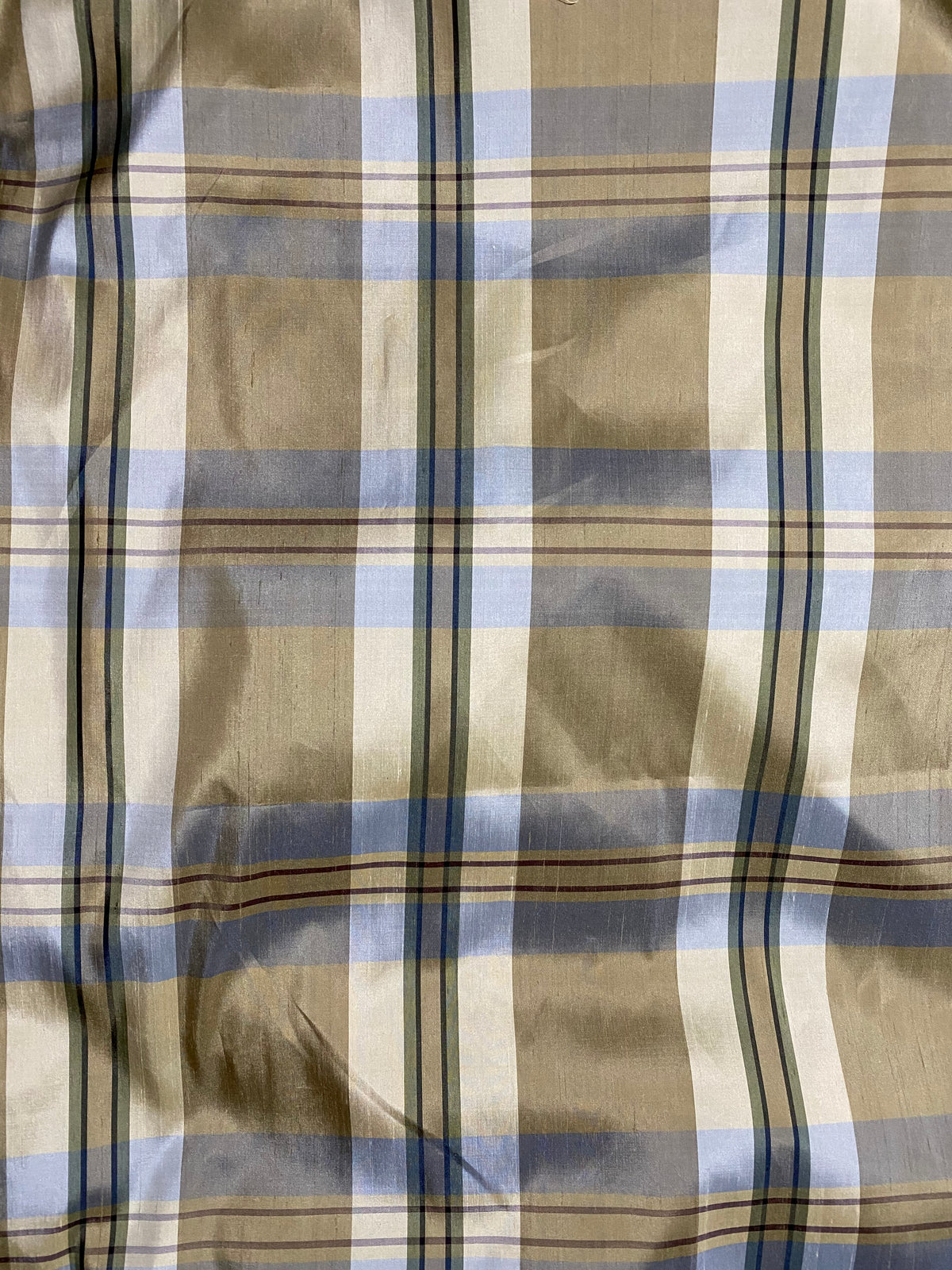 NEW Baroness Winifred 100% Silk Dupioni Taupe with Duck Egg Blue Plaid Tartan Fabric - Fancy Styles Fabric Pierre Frey Lee Jofa Brunschwig & Fils