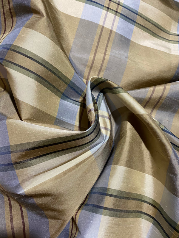 NEW Baroness Winifred 100% Silk Dupioni Taupe with Duck Egg Blue Plaid Tartan Fabric - Fancy Styles Fabric Pierre Frey Lee Jofa Brunschwig & Fils