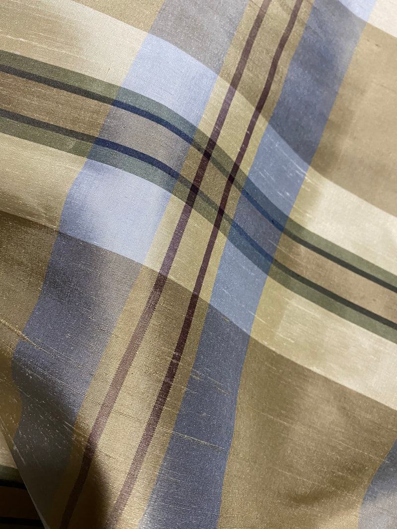 NEW Baroness Winifred 100% Silk Dupioni Taupe with Duck Egg Blue Plaid Tartan Fabric - Fancy Styles Fabric Pierre Frey Lee Jofa Brunschwig & Fils