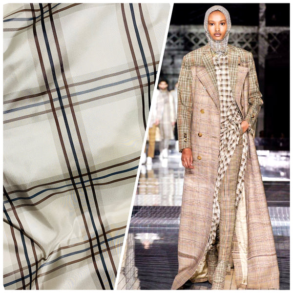 NEW Lady Lucy 100% Silk Taffeta Fabric Ivory Brown Tartan Plaid - Fancy Styles Fabric Pierre Frey Lee Jofa Brunschwig & Fils