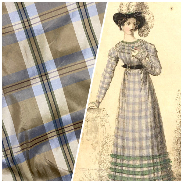 NEW Baroness Winifred 100% Silk Dupioni Taupe with Duck Egg Blue Plaid Tartan Fabric - Fancy Styles Fabric Pierre Frey Lee Jofa Brunschwig & Fils