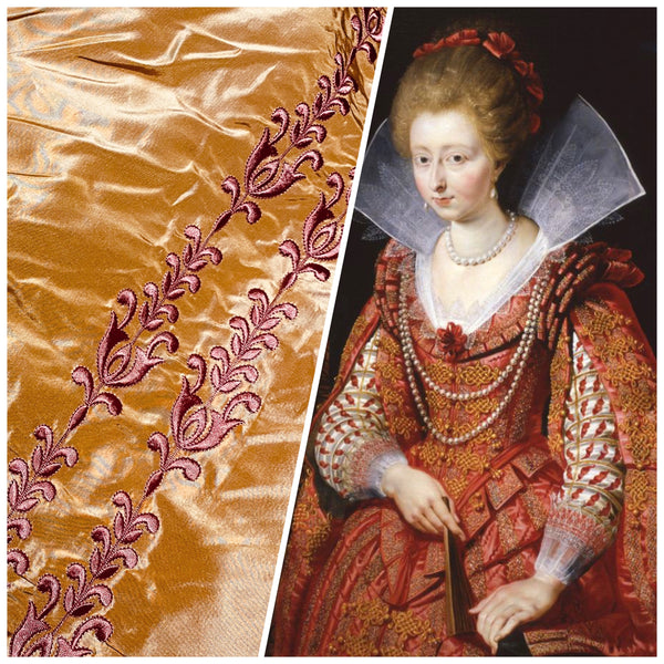 NEW Queen Marguerite 100% Silk Taffeta Fabric with Pumpkin Yellow with Dark Red Tulip Embroidery Stripes - Fancy Styles Fabric Pierre Frey Lee Jofa Brunschwig & Fils