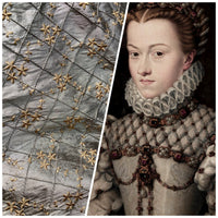 NEW Queen Elisabeth 100% Silk Dupioni Pewter Pintuck Fabric with Gold Floral Embroidery - Fancy Styles Fabric Pierre Frey Lee Jofa Brunschwig & Fils
