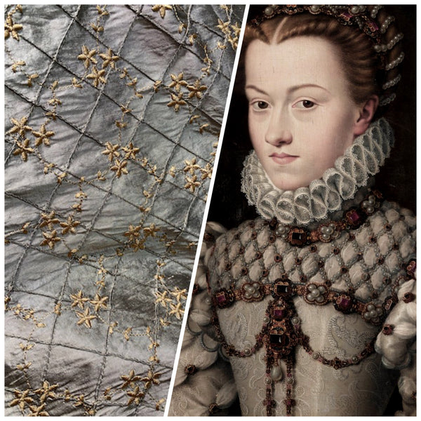 NEW Queen Elisabeth 100% Silk Dupioni Pewter Pintuck Fabric with Gold Floral Embroidery - Fancy Styles Fabric Pierre Frey Lee Jofa Brunschwig & Fils