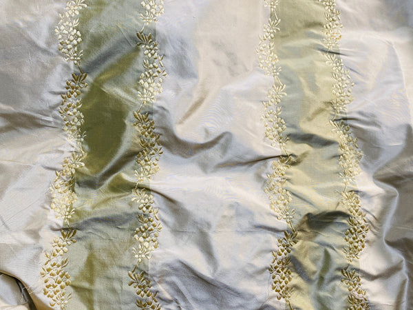 NEW Lady Kristen 100% Silk Taffeta with Embroidery Floral and Stripes Motif in Icy Pistachio Green and Champagne - Fancy Styles Fabric Pierre Frey Lee Jofa Brunschwig & Fils