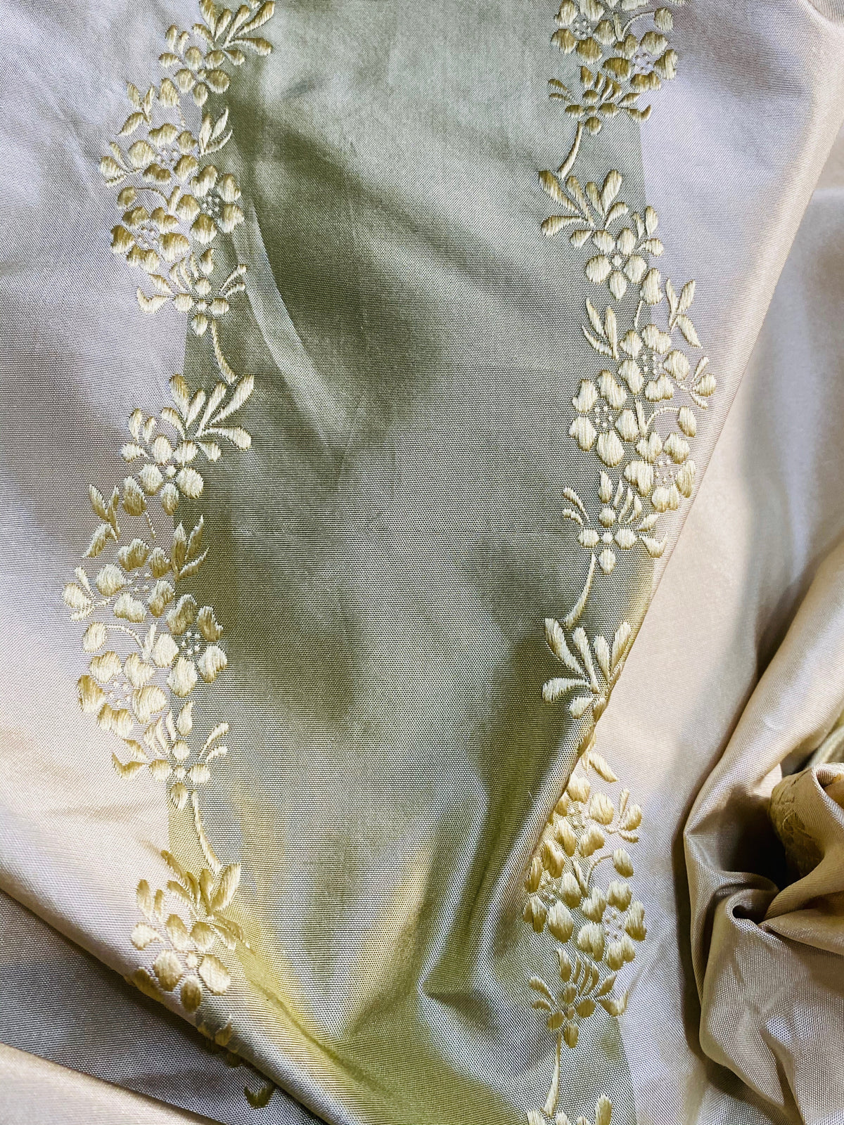 NEW Lady Kristen 100% Silk Taffeta with Embroidery Floral and Stripes Motif in Icy Pistachio Green and Champagne - Fancy Styles Fabric Pierre Frey Lee Jofa Brunschwig & Fils