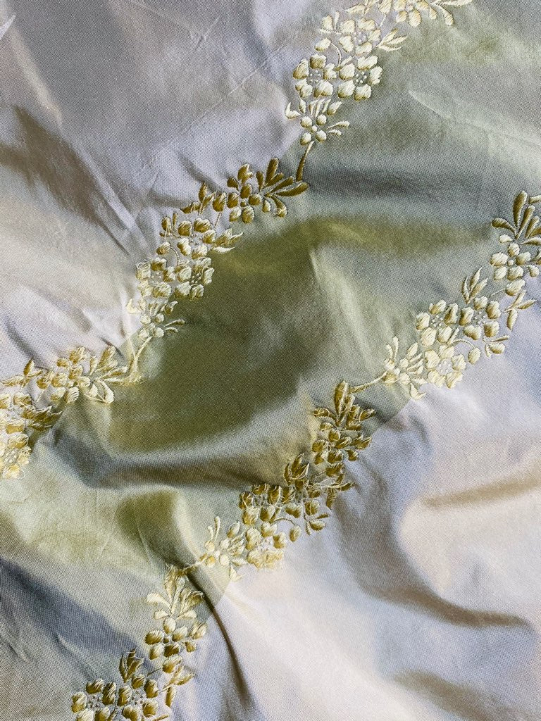 NEW Lady Kristen 100% Silk Taffeta with Embroidery Floral and Stripes Motif in Icy Pistachio Green and Champagne - Fancy Styles Fabric Pierre Frey Lee Jofa Brunschwig & Fils
