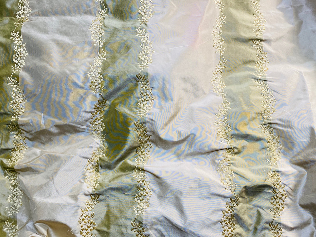 NEW Lady Kristen 100% Silk Taffeta with Embroidery Floral and Stripes Motif in Icy Pistachio Green and Champagne - Fancy Styles Fabric Pierre Frey Lee Jofa Brunschwig & Fils
