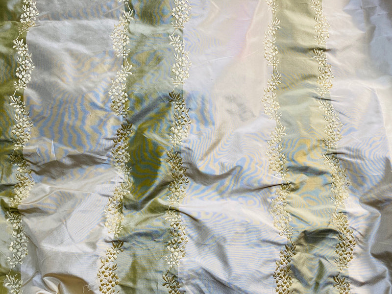 NEW Lady Kristen 100% Silk Taffeta with Embroidery Floral and Stripes Motif in Icy Pistachio Green and Champagne - Fancy Styles Fabric Pierre Frey Lee Jofa Brunschwig & Fils