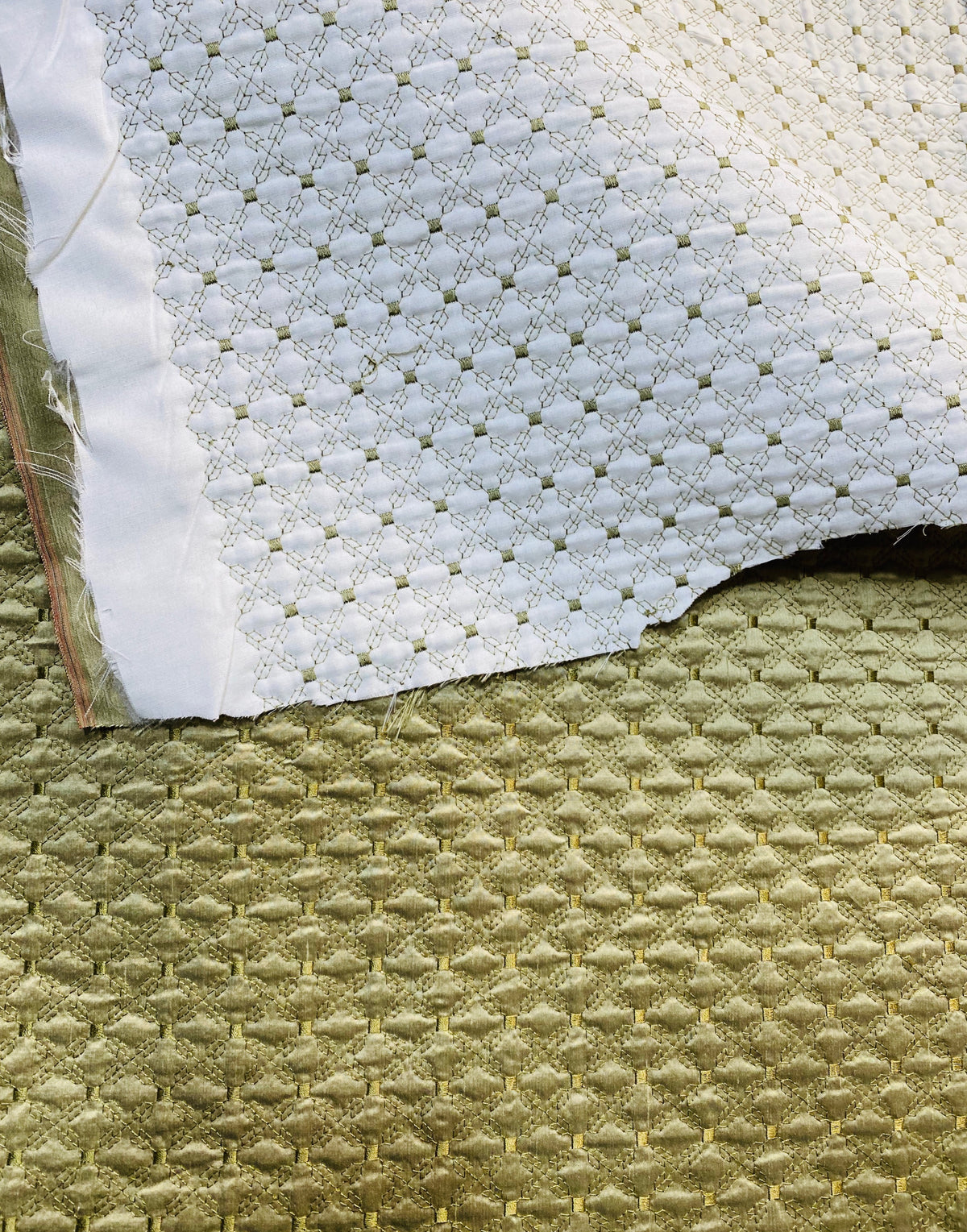 NEW Princess Amy 100% Silk Taffeta Quilted Petticoat Fabric with Cotton Batting in Dusty Pistachio Green - Fancy Styles Fabric Pierre Frey Lee Jofa Brunschwig & Fils