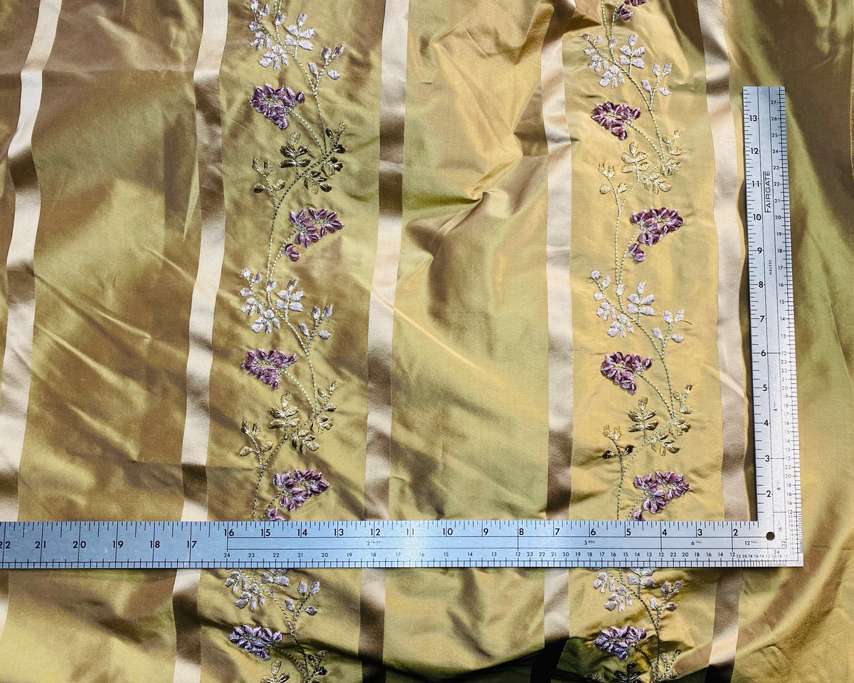 NEW Lady Lana 100% Silk Taffeta Ribbon Stripes with Embroidered Velvet Gold & Lavender Floral Motif Iridescent Fabric - Fancy Styles Fabric Pierre Frey Lee Jofa Brunschwig & Fils