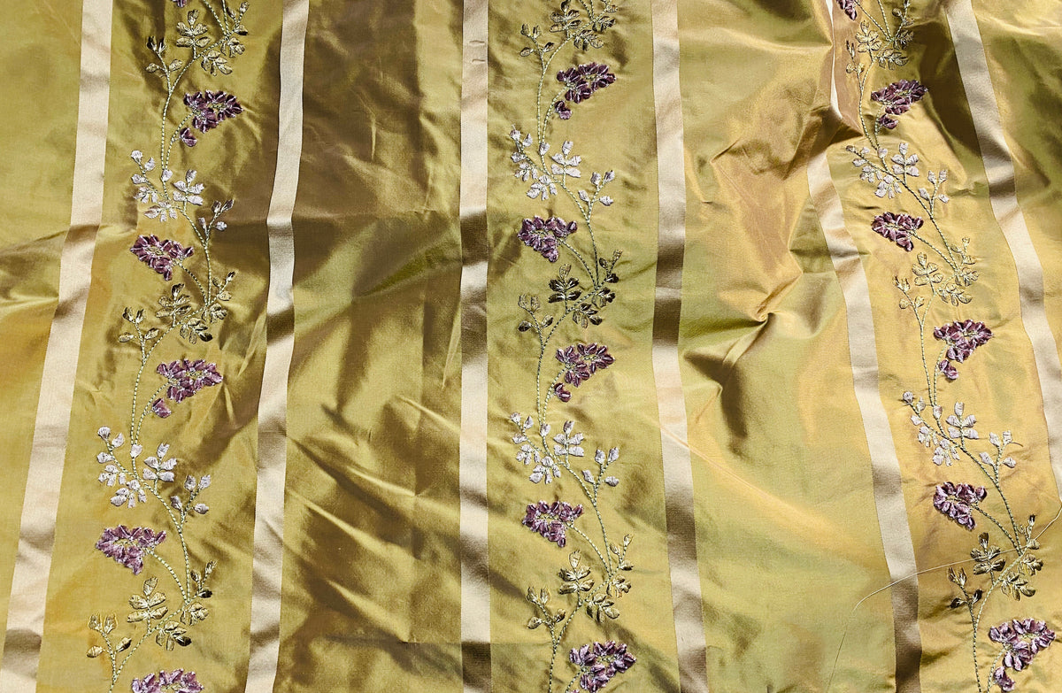 NEW Lady Lana 100% Silk Taffeta Ribbon Stripes with Embroidered Velvet Gold & Lavender Floral Motif Iridescent Fabric - Fancy Styles Fabric Pierre Frey Lee Jofa Brunschwig & Fils