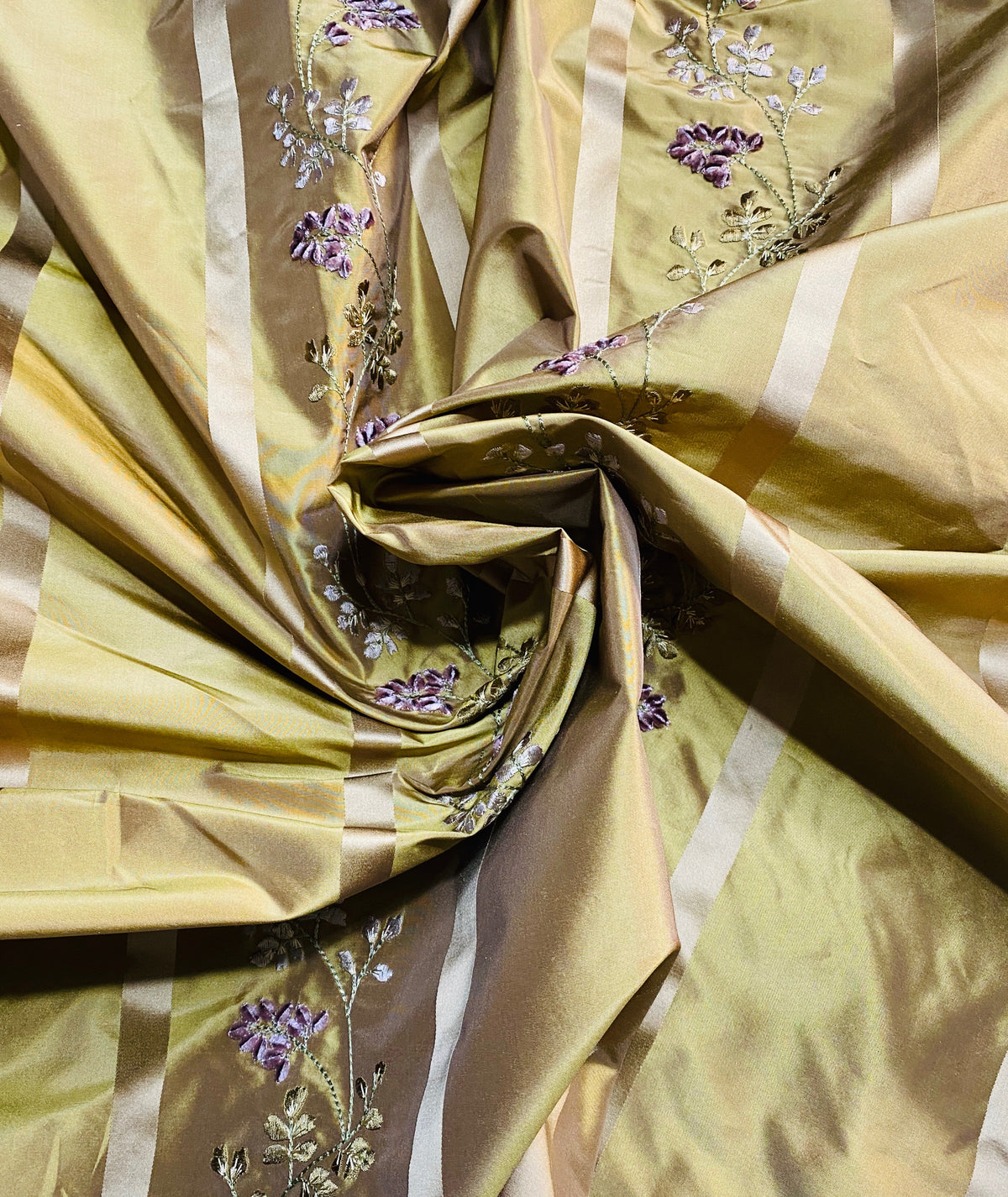 NEW Lady Lana 100% Silk Taffeta Ribbon Stripes with Embroidered Velvet Gold & Lavender Floral Motif Iridescent Fabric - Fancy Styles Fabric Pierre Frey Lee Jofa Brunschwig & Fils