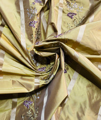 NEW Lady Lana 100% Silk Taffeta Ribbon Stripes with Embroidered Velvet Gold & Lavender Floral Motif Iridescent Fabric - Fancy Styles Fabric Pierre Frey Lee Jofa Brunschwig & Fils