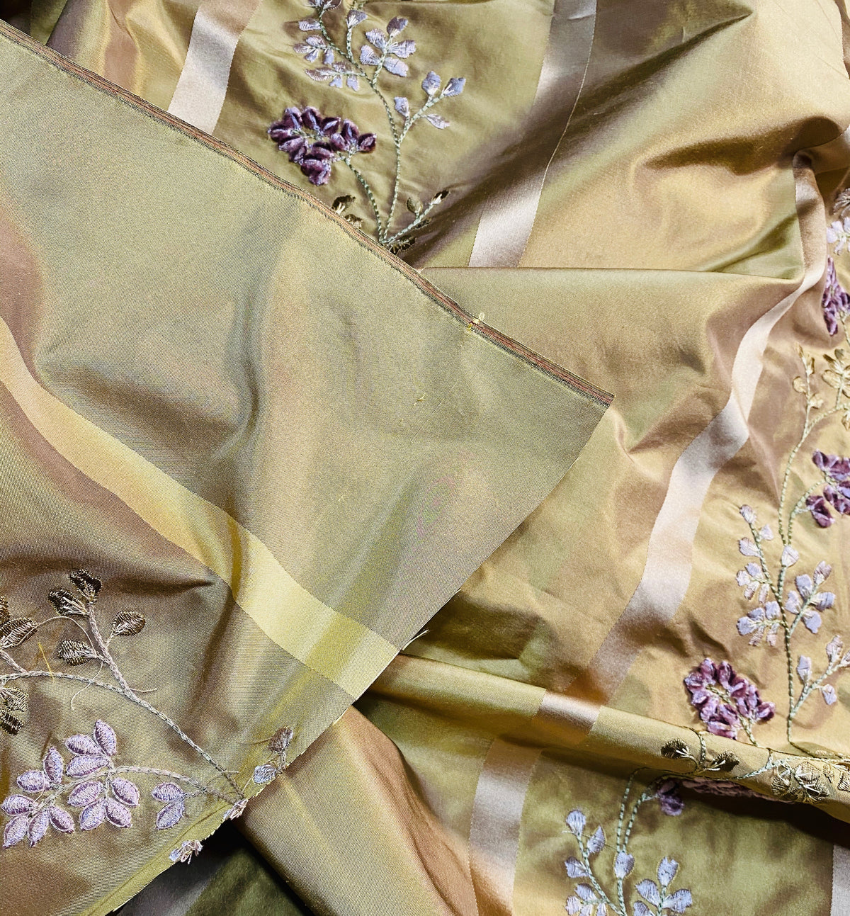 NEW Lady Lana 100% Silk Taffeta Ribbon Stripes with Embroidered Velvet Gold & Lavender Floral Motif Iridescent Fabric - Fancy Styles Fabric Pierre Frey Lee Jofa Brunschwig & Fils