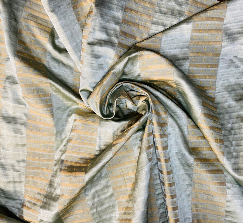 NEW Sir Rowan 100% Silk Satin with Gold Dot Stripes Motif in Aqua Blue and Gold - Fancy Styles Fabric Pierre Frey Lee Jofa Brunschwig & Fils