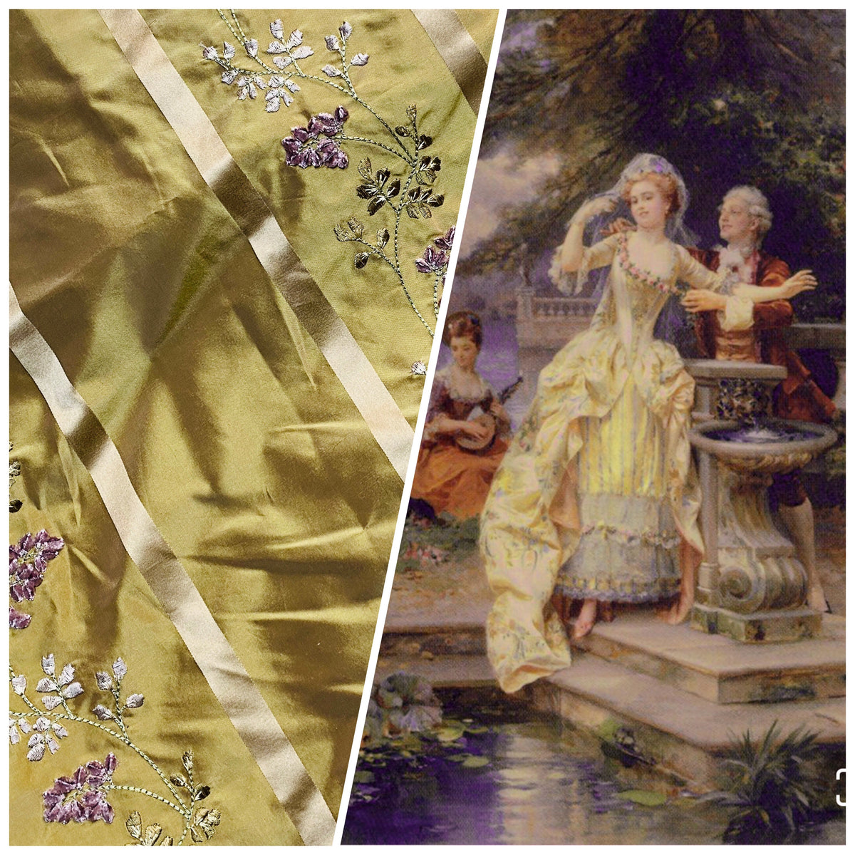 NEW Lady Lana 100% Silk Taffeta Ribbon Stripes with Embroidered Velvet Gold & Lavender Floral Motif Iridescent Fabric - Fancy Styles Fabric Pierre Frey Lee Jofa Brunschwig & Fils